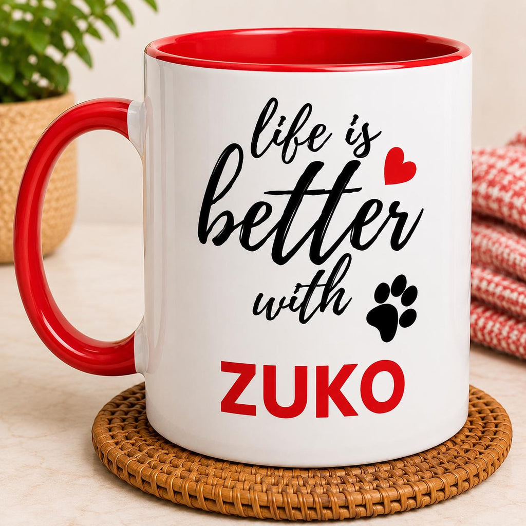 Personalised Dog Name Mug | Life Is Better With Your Dog | Custom Dog Lover Coffee Mug | Dog Mum Gift | Pet Owner Gift | Red Accent Mug
