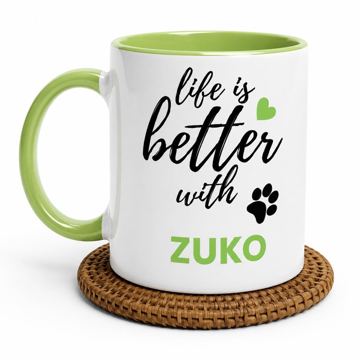 Personalised Dog Name Mug | Life Is Better With Your Dog | Custom Dog Lover Coffee Mug | Dog Mum Gift | Pet Owner Gift | Green Accent Mug