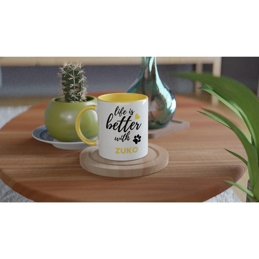 Personalised Dog Name Mug | Life Is Better With Your Dog | Custom Dog Lover Coffee Mug | Dog Mum Gift | Pet Owner Gift | Yellow Accent Mug