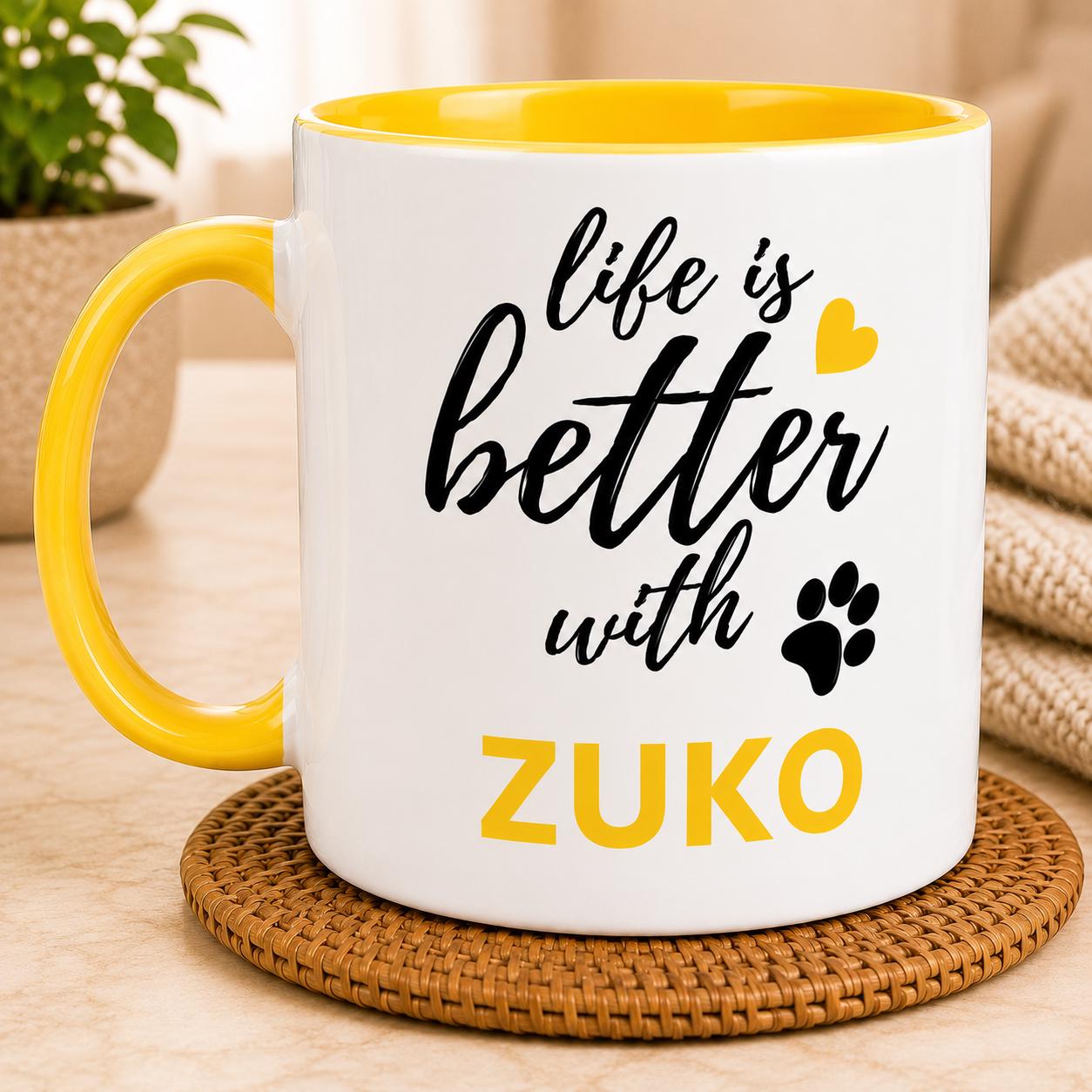 Personalised Dog Name Mug | Life Is Better With Your Dog | Custom Dog Lover Coffee Mug | Dog Mum Gift | Pet Owner Gift | Yellow Accent Mug