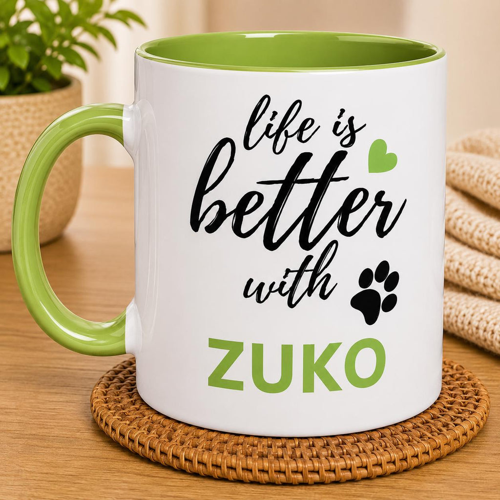 Personalised Dog Name Mug | Life Is Better With Your Dog | Custom Dog Lover Coffee Mug | Dog Mum Gift | Pet Owner Gift | Green Accent Mug