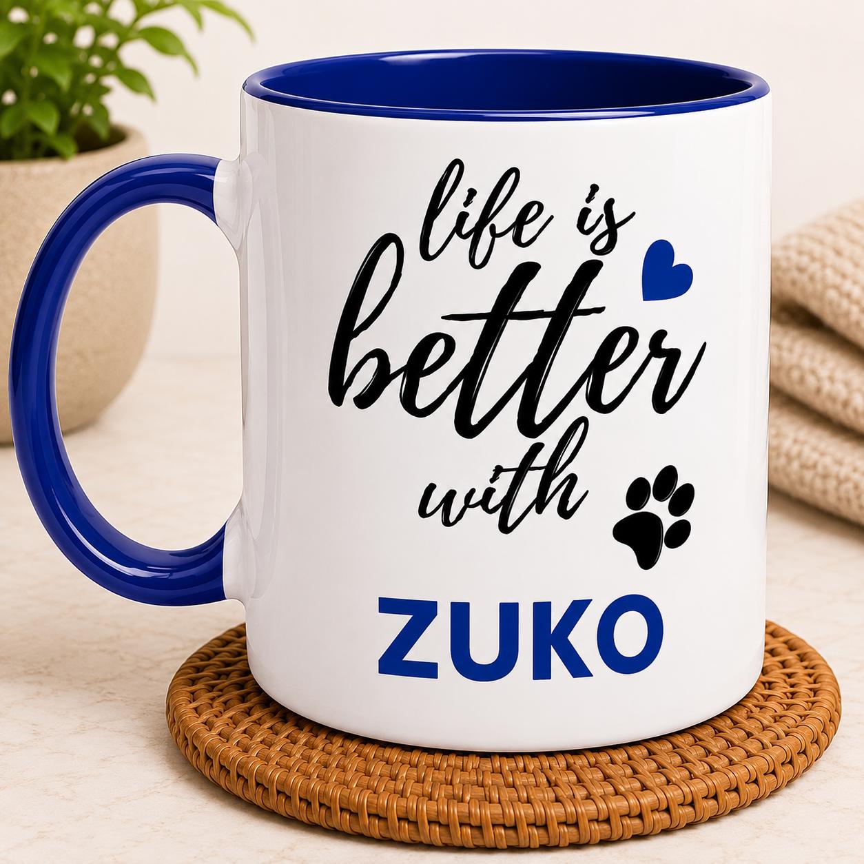 Personalised Dog Name Mug | Life Is Better With Your Dog | Custom Dog Lover Coffee Mug | Dog Mum Gift | Pet Owner Gift | Blue Accent Mug