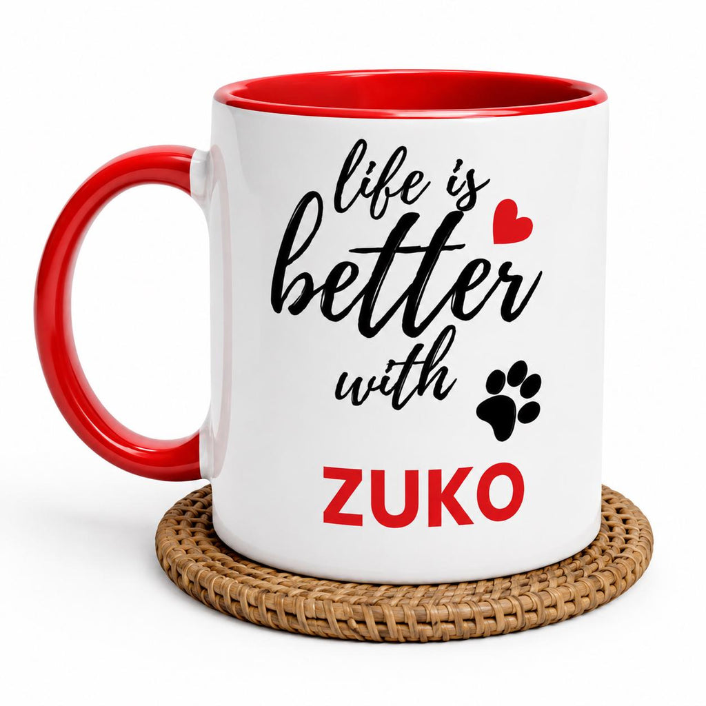 Personalised Dog Name Mug | Life Is Better With Your Dog | Custom Dog Lover Coffee Mug | Dog Mum Gift | Pet Owner Gift | Red Accent Mug