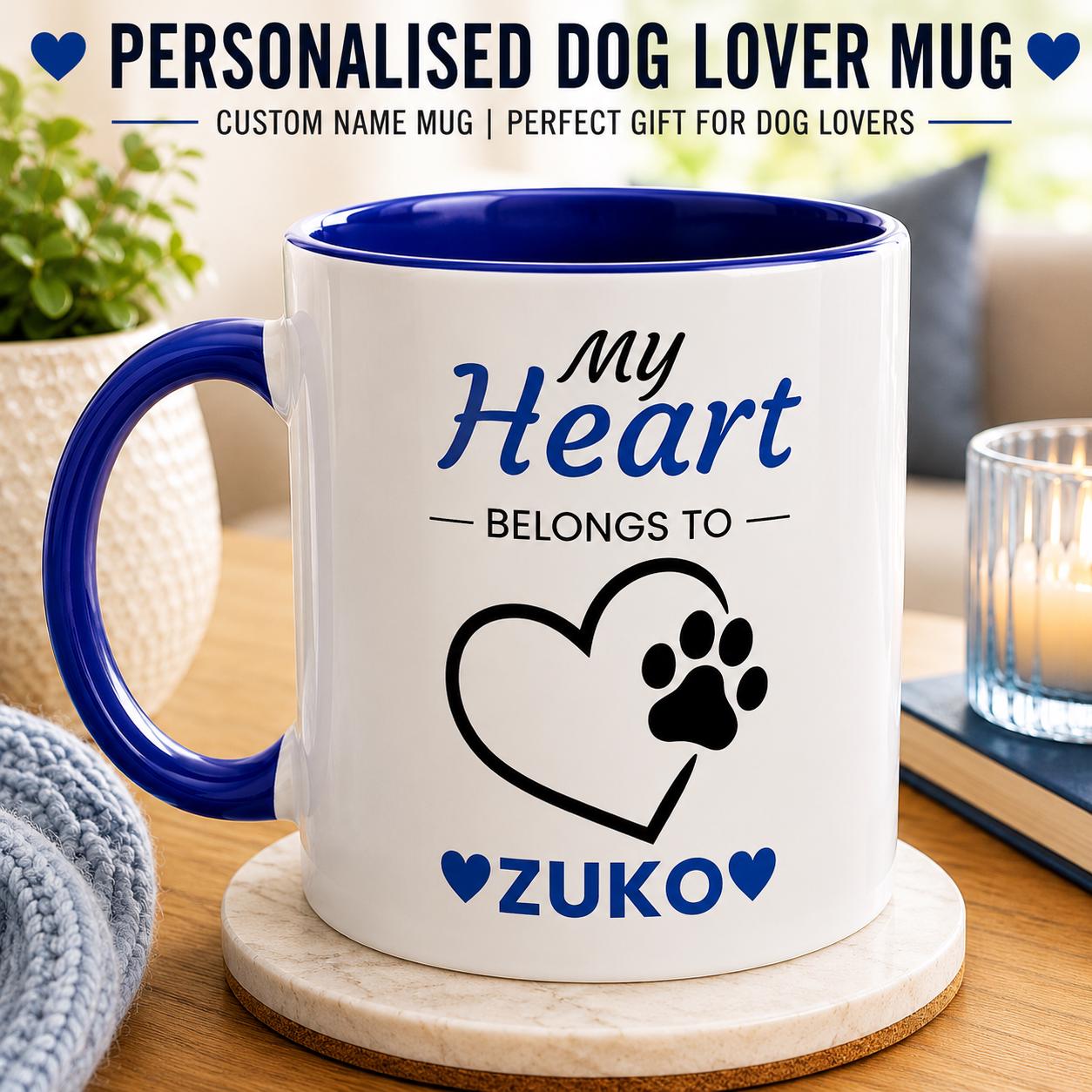 Personalised Dog Lover Mug | My Heart Belongs to My Dog Mugy | Custom Dog Name Coffee Cup | Dog Mum Gift | Dog Dad Gift | Pet Lover Gift