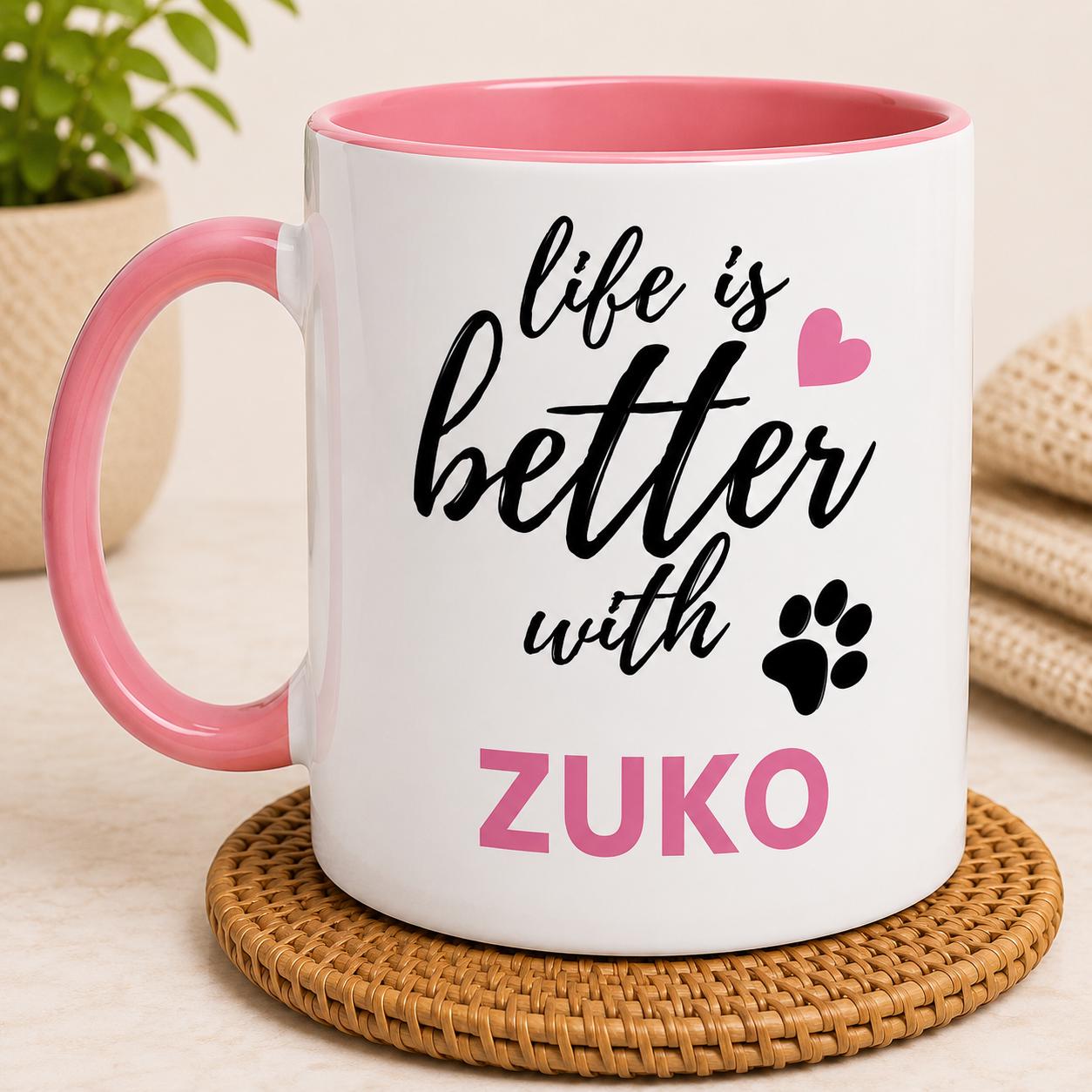 Personalised Dog Name Mug | Life Is Better With Your Dog | Custom Dog Lover Coffee Mug | Dog Mum Gift | Pet Owner Gift | Pink Accent Mug