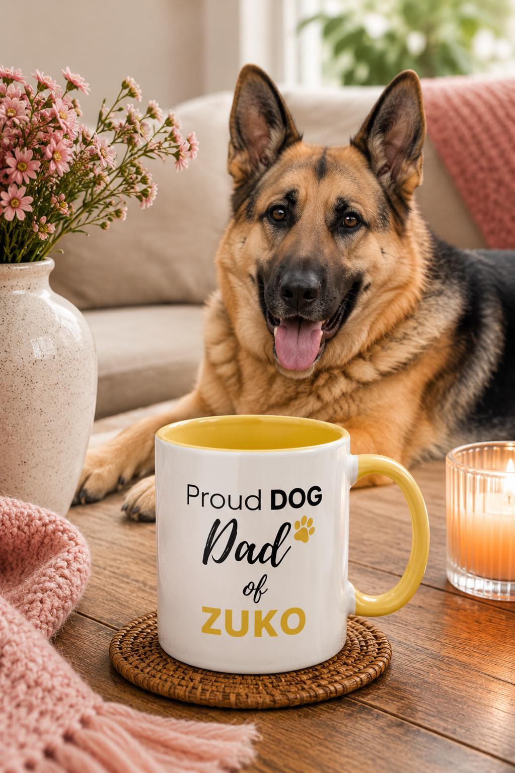 Personalised Dog Dad Mug | Custom Dog Name Coffee Mug | Dog Dad Gift | Pet Lover Gift | Yellow Accent Ceramic Mug