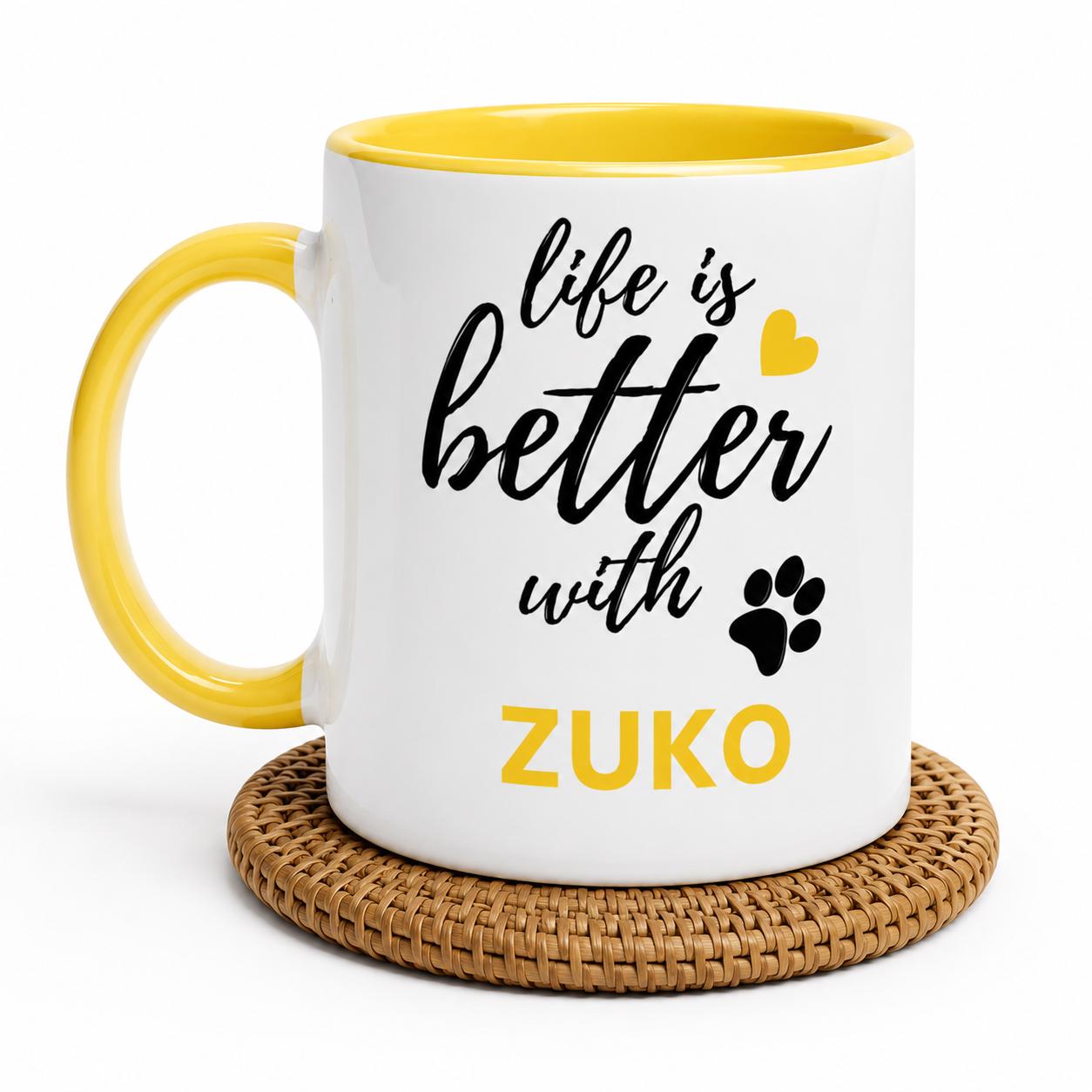 Personalised Dog Name Mug | Life Is Better With Your Dog | Custom Dog Lover Coffee Mug | Dog Mum Gift | Pet Owner Gift | Yellow Accent Mug